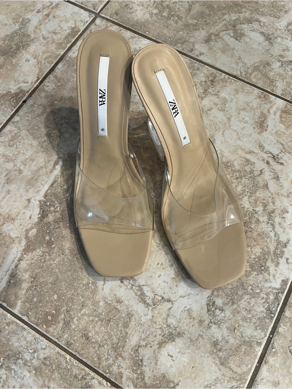 New Zara Nude Clear Strap Slide Heels